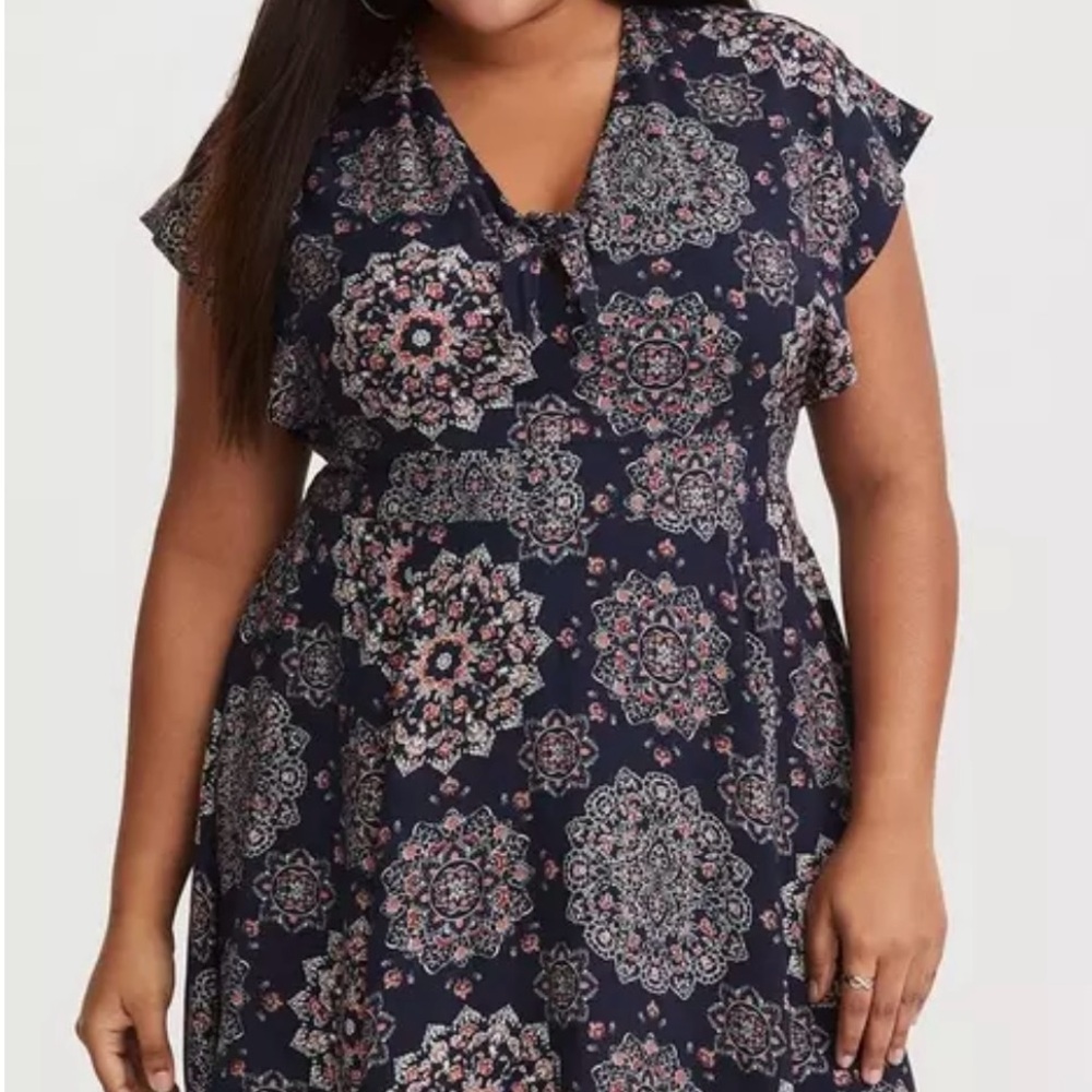 Torrid Blue and Pink Flutter Sleeve Dress with Tie Front